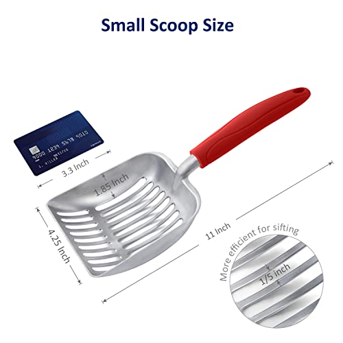 Cat Litter Scoop, Aluminum Alloy Sifter, Kitty Metal Scooper, Deep Shovel, Long Handle, Poop Sifting, Kitten Pooper Lifter, Durable, Heavy Duty, for Litter Box - color: FLAT Aluminum \ #08 Red Handle, size: Small