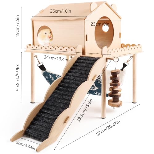 Guinea Pig Hideout Wooden Hamster Castle with Stair Hammock House | Detachable Double-Decker Guinea Pigs House for Hamsters Rabbit Chinchilla Small Animal Hiding Sleeping Activities