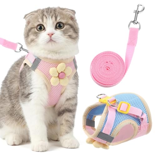 Cat Leash and Harness Set for Walking, Kitten Harness and Leash Set | Escape Proof, Adjustable Soft Breathable, with Reflective Strips, Easy to Wear, Secure Fit, for Kittens, Puppy Bunny Ferret