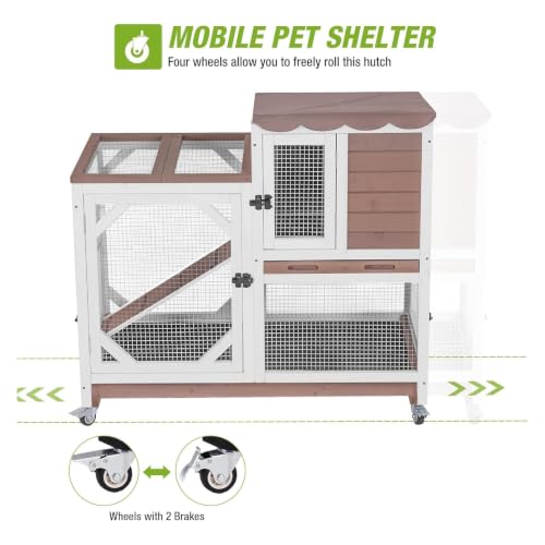 GUTINNEEN Rabbit Hutch Indoor Rabbit Cage with Wheels Outdoor Bunny House 2 Story Guinea Pig Cage with Leakproof Tarp Roof (Brown) - color: Brown
