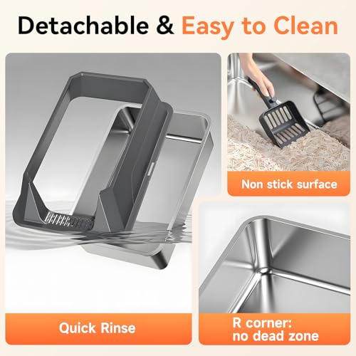 Stainless Steel Litter Box with High Sides, XL | High Sided Cat Litter Pan, Open Top Extra Large Metal Cat Litter Box, Non-Stick, Odor Free, Leakproof, Scoop Included, Gray - color: Grey