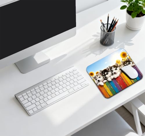 Playful Husky Puppies Mouse Pad, Sunflowers Joyful Summer Scene Desk Mat | 9.5"x 7.9", Adorable Dogs Pets Design, Cute Smooth & Anti-Slip Mousepad - color: Colorful Design Wknoon-Art 02