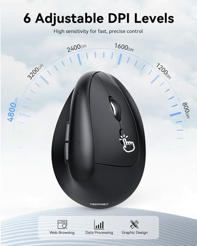 TECKNET Ergonomic Mouse, Vertical Wireless Mouse 2.4G, Computer Mouse with 6 Adjustable 4800 DPI, Quiet Clicks Optical Mice, USB A Receiver, 6 Buttons for Laptop, Desktop, PC - Black - color: Black