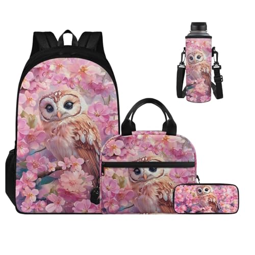 Pink Cherry Owl 2Nd Grade Backpack for Boys Girls Bookbag with Lunch Box Water Bottle Sleeves and Lightweight Pencil Case 4 in 1 School Bag with Compartment Back Packs for Daily Life - color: Pink Cherry Owl