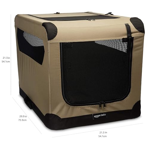 Amazon Basics Portable Folding Soft Dog Crate, Double Door, Collapsible Travel Kennel, Easy to Assemble, Medium, 29.92" x 21.3" x 21.3", Tan - color: Tan, size: M 30" x 21" x 21"