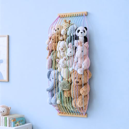 Stuffed Animal Storage Wood Soft Toy Organizer for Kids Room，Cute and Durable Wall or Door Mount Length Adjustable Hanging Stuffed Animal Toy Organizer Shelf for Nursery Play Room Rainbow -Patent - color: Rainbow