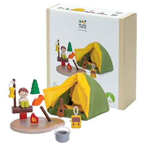 PlanToys Pretend Play Camping Set (6624) | Sustainably Made from Rubberwood and Non-Toxic Paints and Dyes | wooden camping play set, montessori imaginative role play, social skill development, open-ended adventure toys, kids toy - color: Toy