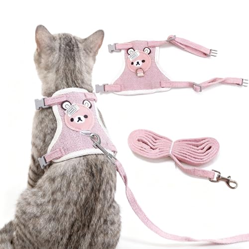 LeLehome Cat Vest Harness and Leash Set - Soft Fabric Cute Pink Bear, Adjustable Straps Walking Escape Proof for Kitten, Puppy, Rabbit (S)
