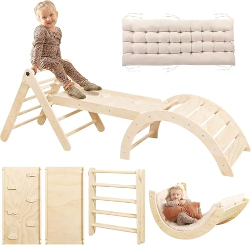Pikler Triangle Set with Cushion, 7 in 1 Toddler Climbing Toys Indoor | Foldable Space-saving Design, Montessori-inspired Learning, Reversible Slide & Ramp, ASTM F963 Standards for Toddlers 18M-5Y - color: Nature Wood