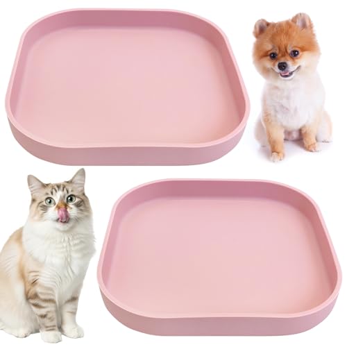 Fhiny 2PCS Silicone Cat Bowls Set 7.1 x 7.1 in Shallow Dog Dish Whisker Friendly Cat Food Plate for Dry & Wet Food Dishwasher Safe Non-Slip Pet Feeding Bowls for Kittens and Puppies (Pink) - color: Pink
