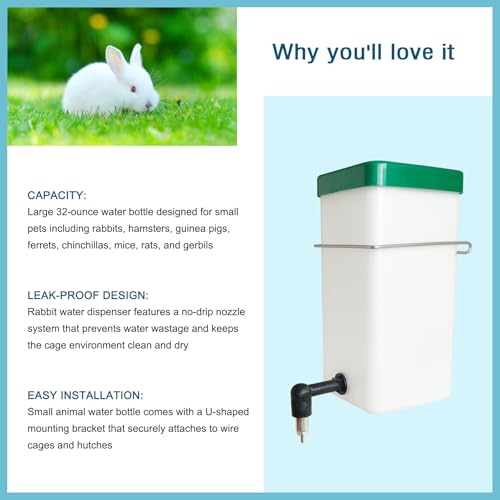 Bonchoice1000ml No Drip Rabbit Water Bottle, Leak Proof Small Animal Water Bottle, Large Capacity No Drip Water Dispenser for Bunny Rabbit/Ferret/Hamster/Guinea Pig