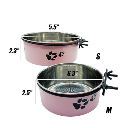 Dog Crate Food and Water Bowl 2Pcs Small Pet Hanging Kennel Removable Dish Feeding Cup No Spill with Holder for Medium Large Size Cat Puppy (Pink, 5.5''X2.3''&6.3‘’X2.5'') - color: pink