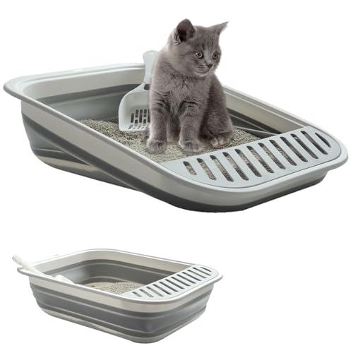 Low Entry Kitten Litter Box Collapsible Shallow Litter Box | Senior Cats Anti-Splashing Kitty Training Open Potty Pan Scoop Leak-proof pedal Cat Toilet No Smell Easy Clean - color: Grey, size: Medium