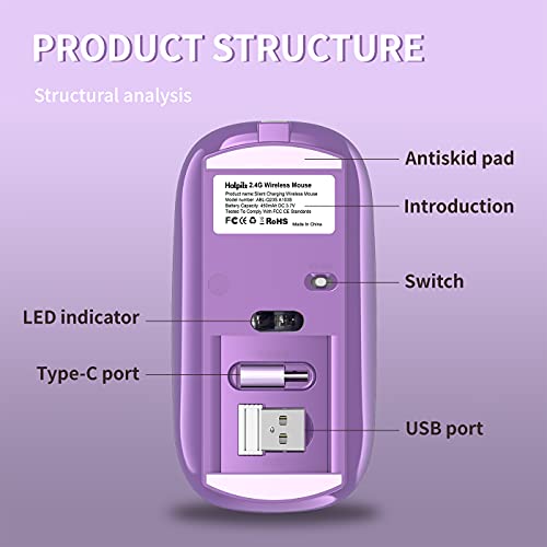Halpilt Wireless Mouse Chargeable Portable Silent USB and Type-C Dual Mode Wireless Mouse 3 Adjustable DPI for Laptop, Mac, Android, PC (Q23S Purple) - color: Purple