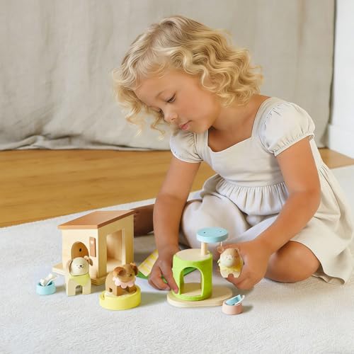 Tiny Land Wooden Dollhouse Animal Set for Toddlers, Dollhouse Accessories | Dolls House Furniture Sets for Toddlers, Montessori Pretend Play Family Pets Set Toys, Gift for Kids Age 3+