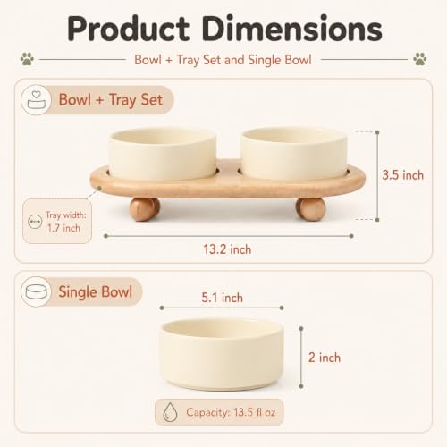 Havniva Raised Cat Bowl 5.1” Elevated Ceramic Cat Food and Water Bowl Set | Cat Bowls Elevated, Whisker Friendly Cat Bowl, Non-Slip Wood Stand, Food-Grade Ceramic, Wide Opening, Dishwasher Safe - color: 2 x Bowl + Stand - Light Yellow, size: 5.1inch
