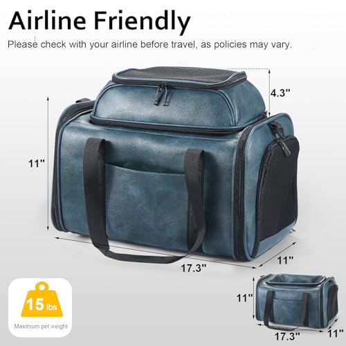 Premium Leather Top Expandable Pet Carrier for Small Dogs & Cats Under 15 lbs, Airline Approved Collapsible Soft-Sided Luxury Travel Bag Blue - color: Blue