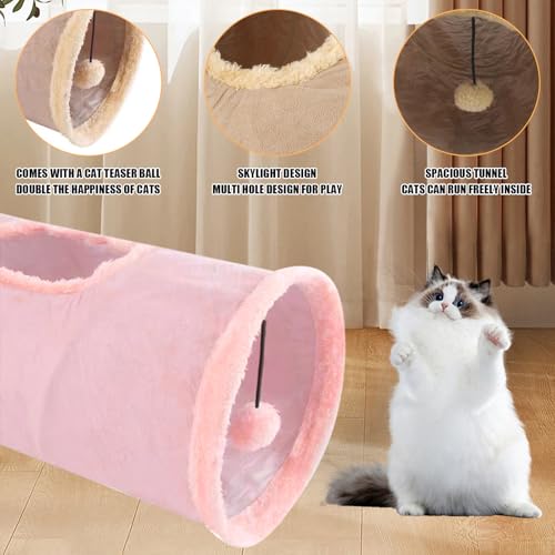 Cat Tunnel,Indoor Cat Play Tube Toys with Play Ball,Durable Collapsible Rabbit Hideaway Tunnel for Kitten,Bunny, Guinea Pig, Rat, Hamster, Ferret, Chinchilla (Pink) - color: Pink