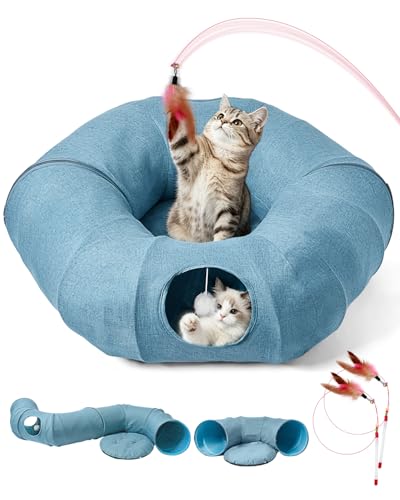 Odoland Linen Cat Tunnels with Central Cat Bed, Interactive Cat Toys Detachable Washable Soft Mat Large Indoor Play Tunnel Cave for Kittens and Small Animals - color: Linen Light Blue