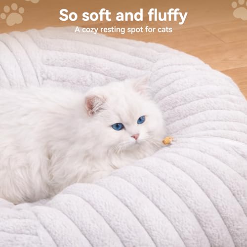 Dogpals Cat Tunnel Bed Cave 33" Lx10 Wx10 H for Indoor Cats (White) | Washable Cozy Cushion, Soft Striped Plush Fabric, Hideaway Peekaboo Cave for Kittens, Puppies, Rabbits & Small Pets - color: White