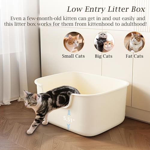Large Cat Litter Box with High Sides, Side Entry Open Top Deep Tall Litter Pan, Kitty Litter Box for Indoor Small and Medium Cats, Creamy White (Anti-Splashing) 19.7" L x 15.4" W x 8.6" H - color: Creamy White