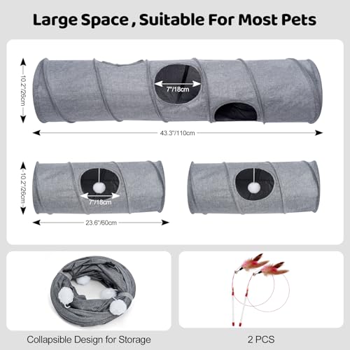 Cat Tunnel, 3 Straight Shaped Tunnels 6 DIY Shapes with Wand Toys, No Noise Scratch Resistant Cool Linen Fabric, Interactive Pet Tunnel Tube for Indoor Cats, Puppy and Rabbits - color: Grey