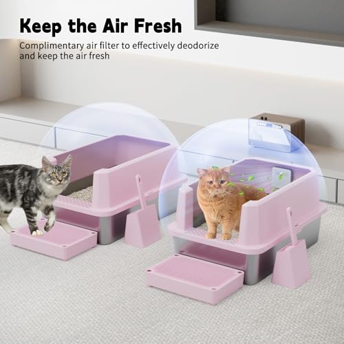 RIZZARI High-Sided Large Cat Litter Box: 2-Pack for Multi-Cat Use | 304 Steel Odor-Resistant Tray / 6.5" High Splash Guard / Dual Anti-Tracking / Built-In Deodorizer / Spacious for Large Breeds - color: Pink with Deodorizer, 2 Pack