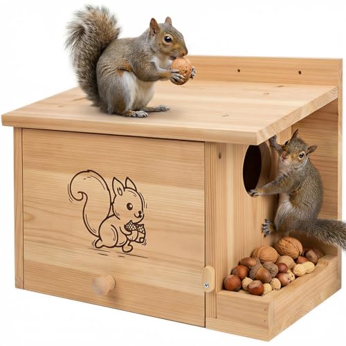 Extra Large Squirrel Houses for Outside 15.7" Outdoor Nest Box with Feeder | Carbonized pine wood, anti-predator design, Mounts on tree or fence. 2-in-1 shelter and feeder for backyard wildlife
