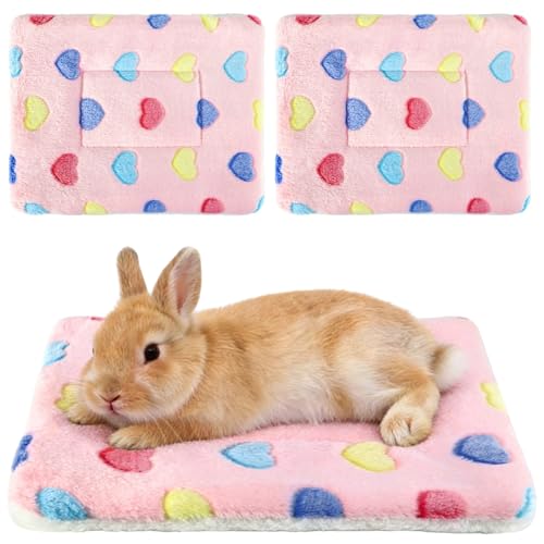 2 Pcs Bunny Bed, Washable Rabbit Bed, Double-Sided Fleece Sleeping Pad for Guinea Pig, Dwarf Rabbit, Chinchilla, Ferret, Hamster, Warm Small Animal Cage Mat, 13x10in, Pink Heart - color: Pink Heart