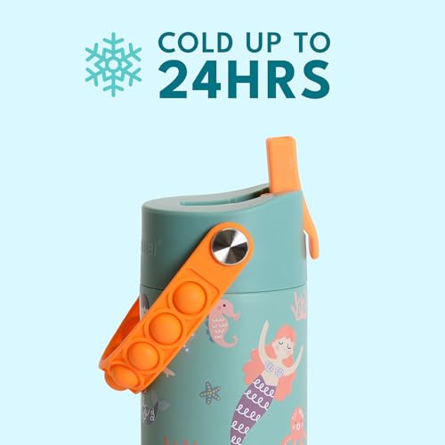 Elemental 100% Leak Proof When Spout is Closed Insulated Kids Water Bottle, Stainless Steel Bottle for School with Straw Lid & Pop-It Handle, Meowmaid & Mermaid Sisters -18oz (2 Pack) - color: Meowmaid & Mermaid Sisters