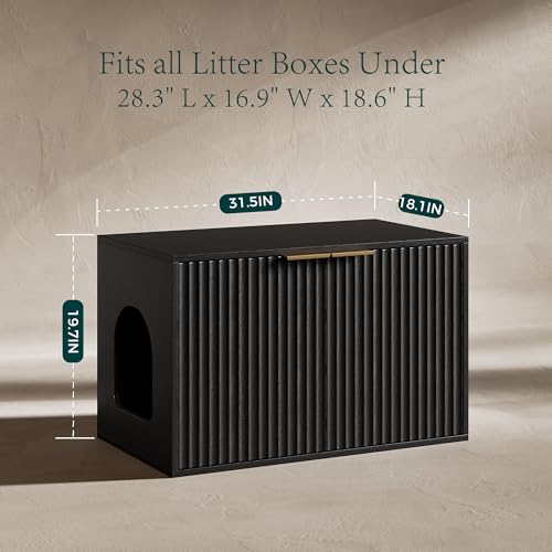Evermagin 31.5" Cat Litter Box Enclosure Furniture | Black Hidden Litter Box Cabinet, Modern Indoor Cat House, Fluted Kitty End Table for Living Room, Bedroom, Entryway - color: Black