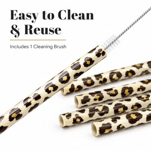 10 Pcs Reusable Brown Leopard Straws Long Straws with Cleaning Brushes | Plastic Cheetah Animal Straws Brown Leopard Print Drinking Straws for Tumblers Cups Safari Wild Favors Birthday Party Supply - color: Yellow