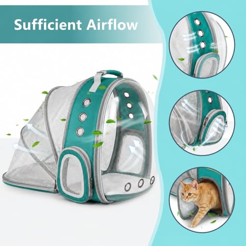 Expandable Cat Carrier Backpack with Bubble Window, Green | Breathable mesh, anti-collapse frame, side door, safety leash and escape-resistant zippers for vet visits and outdoor travel. - color: Green