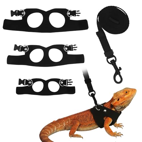 3Size Black Bearded Dragon Leash and Harness Set with Lizard Traction Rope | for Reptile, lizard leash/ squirrel harness/ Small Rabbit traction rope (S, M, L)