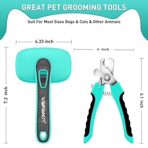 Self Cleaning Slicker Brush & Nail Clippers for Dog and Cats | 2 Pcs, Shedding Long and Short Haired Pets, Skin Friendly, Deshedding Grooming Tool - color: Green 2 PCS