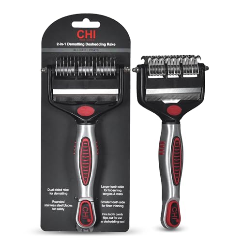 CHI for Dogs 2 in 1 Dematting and Deshedding Rake, Dual Head Dog Grooming Tool with Wide Tooth Dematting Rake and Fine Deshedding Rake, Detangler Comb for Thick Double and Long Dog Coat | Dual-head design, wide-tooth dematting and fine deshedding rakes, d