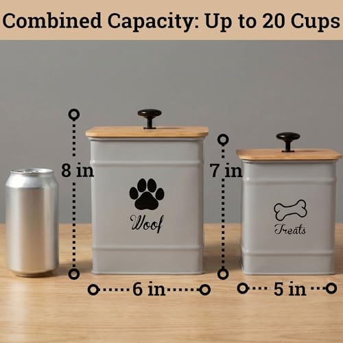 Dog Treat Container Set of 2 with Airtight Bamboo Lids - 8x6 & 7x5 inch | Fits All Popular Treats, Up to 20 Cups Combined Capacity, Airtight Bamboo Lid, Easy Open Lid, Dent-Resistant Durable Metal - color: Gray - Large