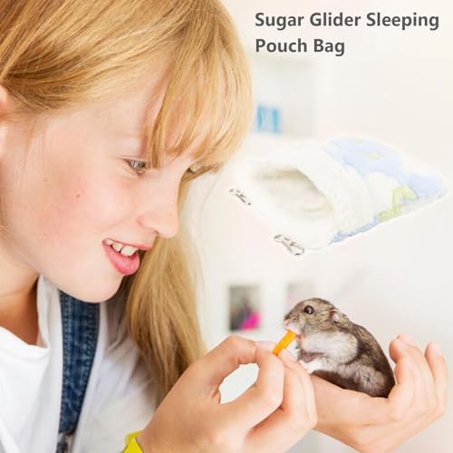 Sugar Glider Sleeping Pouch Hanging Bed for Small Pets, Blue | Soft flannel warm & cozy, pouch snuggle design, metal hooks for easy hang, portable, fits hamsters/rats/hedgehogs/squirrels - color: Blue