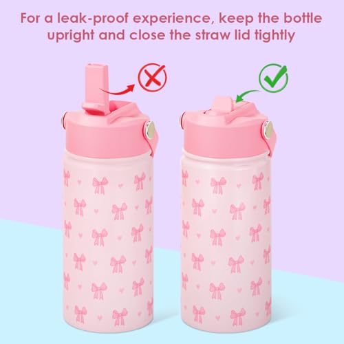 SANDJEST Kids Water Bottle with Straw Lid, Pack of 2 Insulated 12 Oz Stainless Steel Water Bottles for Girls, Travel Cup for School Sports, Bow - Mermaid - color: Bow - Mermaid (Pack 2)