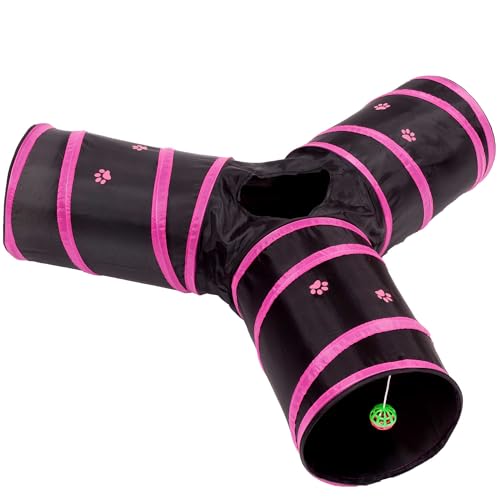 Cat Tunnel - Collapsible 3 Way Play Toy - Interactive Tube Toys for Rabbits, Kittens, and Dogs - Black/Pink - color: Pink