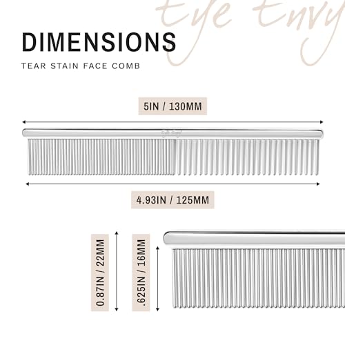 Eye Envy Tear Stain Remover Comb for Dogs and Cats. Fine/Coarse with 80 Rounded Pins. Gently Remove Crusty Eye Debris, Gunk and Boogers. Face and Feet Comb. Remove Tangles