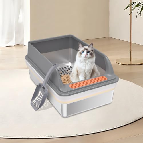 2PACK Stainless Steel Sifting Litter Box with Lid, Sifting Cat Litter Box for Pine Pellets & Big Cats,Metal Pellet Sifter Litter Pan System for Odor Control,Sifting Box Liners & Scoop - size: S【2Pack】