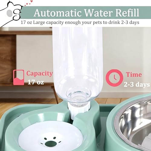 J&L VVMEET Non-Slip Dog Cat Food and Water Bowls Set with Water Dispenser | Dog Bowls Detachable Stainless Steel Bowl Gravity Pet Feeder and Waterer Set Automatic Water Refill for Cat Dog Puppy Rabbit - color: Blue, size: Water Capacity: 500ML