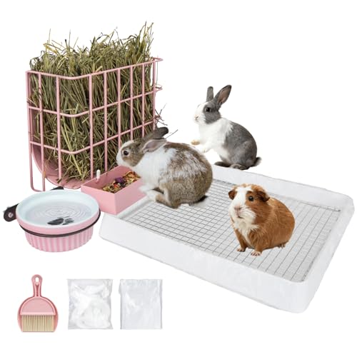 BESNEW 3 in 1 Rabbit Hay Feeder with Litter Box,Upgraded Metal Hay Rack & Litter Tray & Water Bowl,Quick Cleaning,Easy to Install,Bunny Supplies for Rabbit Guinea Pig Chinchilla Small Animals - color: Pink, size: 10in set