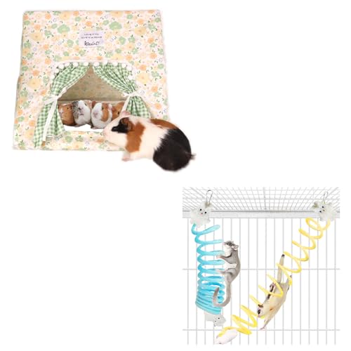 Sugar Glider Hideout Large with Curtain, Machine Washable Sugar Glider Hide & 2Pcs Sugar Glider Toys, Elastic Sugar Glider Climbing Ropes, Hanging Toys Sugar Glider Cage Accessories