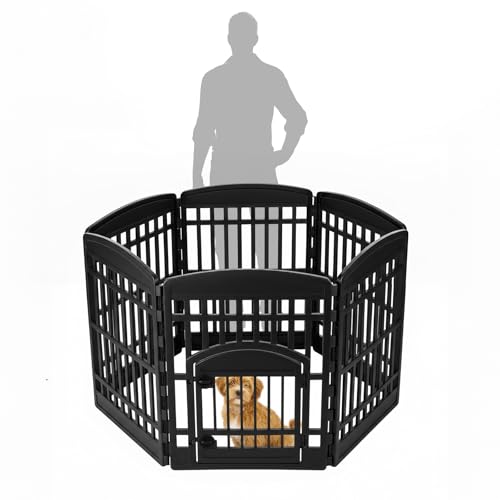 IRIS USA 6-Panel Dog Playpen, Pet Enclosure, Black | Pet Containment, Custom Pen Configuration, Flexible Boundary, Multi-Shape Setup, Tool-Free Assembly, Secure Door Latch - color: Black, size: 6 Panel - 34" H