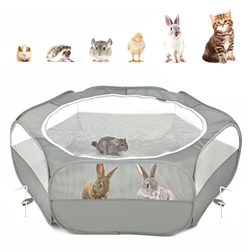 Pawaboo Small Animal Playpen with Zippered Cover,Light Gray | Portable pop-up pet tent for supervised rabbits, guinea pigs, chicks and kittens; water-resistant bottom and 3 metal rods - color: B-Gray