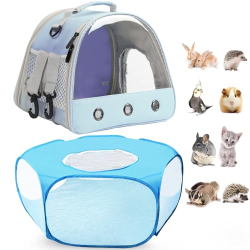 2-Pack Guinea Pig Carrier Backpack and Playpen with Lid, Breathable Pet Playpen Pop Open Exercise Fence, Portable Small Animal Cage for Rabbits, Chinchillas, Squirrel, Lizard, Sugar Glider - color: Blue