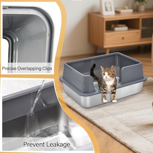 Stainless Steel Litter Box with Lid Cover Mats Scooper, Kitten Litter Box Low Entry, Suitable for Small Space Senior Cats, Side Entry, Grey Enclosure - size: Medium