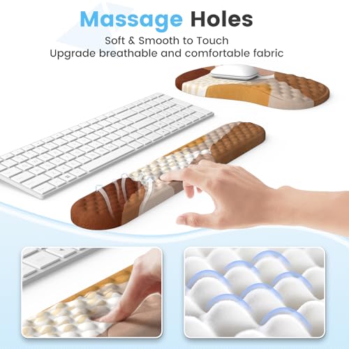 HAOCOO 3-Pcs Ergonomic Desk Pad Set with Wrist Support, Coffee Boho | Memory Foam Keyboard Pad, Smooth Computer Pad Surface, Textured Wrist Cushion, PU Anti-Slip Base, Matching Coaster Included - color: Boho Brown Coffee Tan